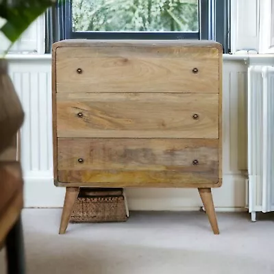 Curved Chest Of 3 Drawers Oak Finish Mango Wood Dresser Bedroom Storage • $489.99