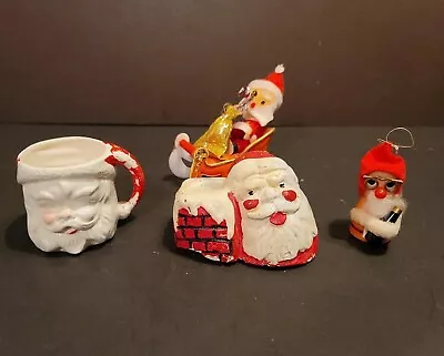 Vintage Mid Century Christmas 4 Different Santa Lot Mug Candlestick Ornaments  • $24.99