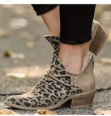 Retro Canvas Chunky Heel Ankle Booties Leopard Print Womens Size US 9 - EU 40 • $29