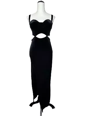 Vintage Sabora Black Velvet Maxi Dress S Corset CutOut Side Slit Bodycon USA Y2K • $49.95