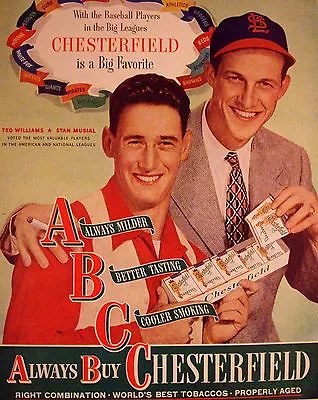 Ted Williams & Stan Musial 8 By 10 Reprint Cigarette Ad Chesterfield  Unique • $10.95