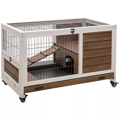 PawHut Wood Indoor Rabbit Hutch Elevated 2-Floor Guineas Pigs Cage W/ Wheels • £80.99