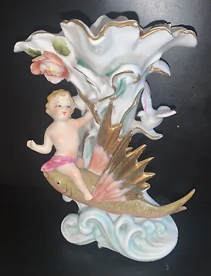 $79.99 • Buy Vintage Porcelain Vase With Cherub Riding Flying Fish; Dove And Flowers