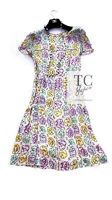 CHANEL 98S Vintage CC Logo Floral Pattern Ivory Silk 100% Dress 36 38 US4 6 • $1489