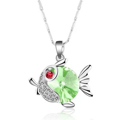 Women Green Crystal Zircon Silver Plated Fish Pendant Necklace Christmas Jewelry • $0.51