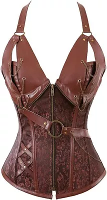 Womens Gothic Steampunk Corset Bustier Vest Costume Cosplay Brown PU Leather (L) • $37.95