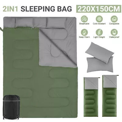 4 Season 2 In 1 Double Sleeping Bag Camping Hiking Envelope Zip Bags Waterproof • £14.99