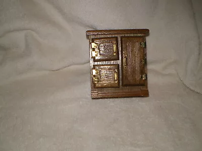 Great Miniature Wood Ice Box Vintage Taiwan Oak Look W/Lots Of Brass Fittings • $22.50
