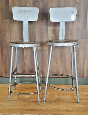 TWO (2) Vintage Industrial Factory Stools With Adjustable / Removable Backs • $119