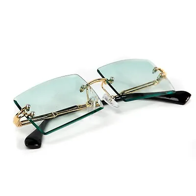 Rimless Retro Mens Rectangle Gold Frame Blue Turquoise Gradient Tint Sunglasses • $10.99