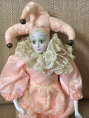 VINTAGE 16  Harlequin Mardi Gras Jester Clown Porcelain Doll Peach Pink Lace • $39.99