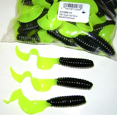 Mister Twister 50 Pack Fat Curly Tail Grub Lures Black/chartreuse • $18.99