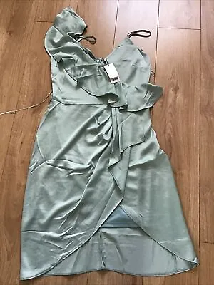 New Abbey Clancy X Lipsy Size 16 Green Satin One Shoulder Ruffle Pencil Dress • £29.99