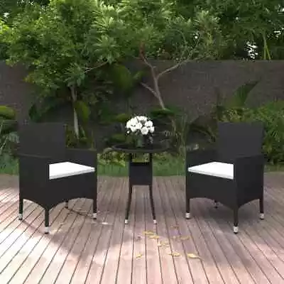 3 Piece Garden Bistro Set Poly Rattan And Tempered Glass Black • £164.99