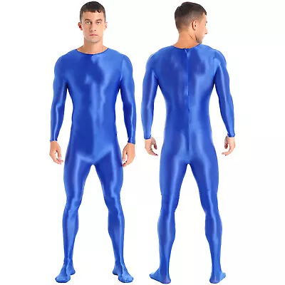 Men's Satin Shiny Full Bodysuit Zentai Spandex Long Sleeve Zipper Back Catsuits • £8.39