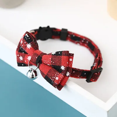 Christmas Cat Dog Bow Tie Collars With Bell Snowflakes Plaid Pet Xmas Collar  • £6.36