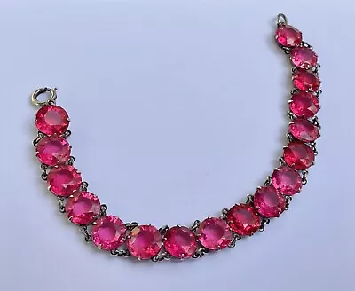 BEAUTIFUL Art Deco Hot PINK Bezel Set Glass STERLING Silver BRACELET • $39.99