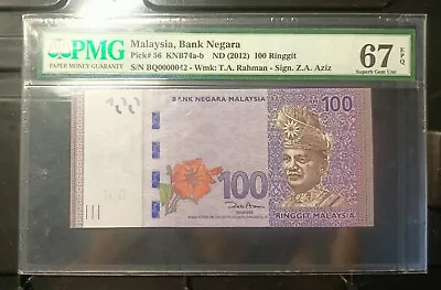 Malaysia Banknote Rm100 Pmg67epq Low Number Bq0000042 Zeti Gabenor • $118