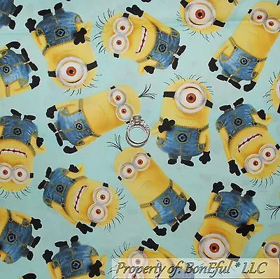 BonEful Fabric FQ Cotton Quilt Aqua Blue Yellow Minion Movie Character Boy Girl • $8.75