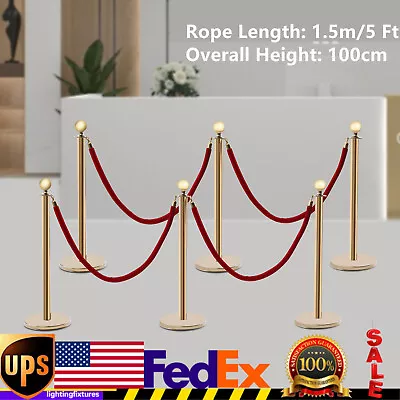 6 Pcs Red Velvet Rope +Gold Stanchion Post Set Crowd Control Queue Pole Barrier • $86.82