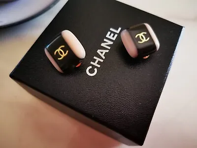 Vintage Authentic Chanel Resin Earrings With Logo Pale Pink And Black. Click On • $390