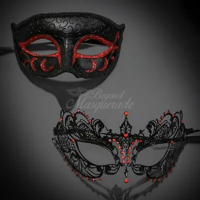 Couple's Masquerade Masks | Extravagant Masquerade Masks Classic Black Red • $31.50