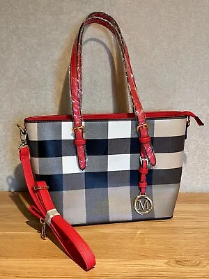 BNWTS Red/Beige/Grey Plaid Check Faux Leather Top Handle Shoulder Strap Handbag • £19.99