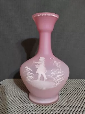 Vintage Mary Gregory Girl Picking Flower Pink Satin Glass Vase  • $29.99