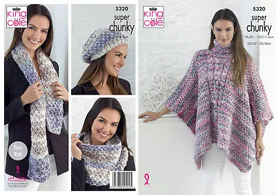 King Cole Ladies Super Chunky Knitting Pattern Tabard Hat Scarf & Cowl 5320 • £4.99