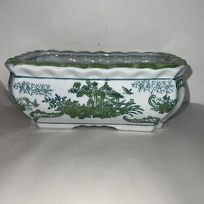 Vintage Bonsai Tree Planter Porcelain Green & White Birds Birdhouse Flowers • $49.95