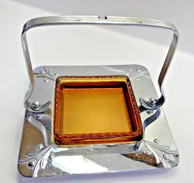 Art Nouveau/Deco Farber Bros Chrome & Amber Glass Dish Tray  Krome-Kraft NY • $12.99