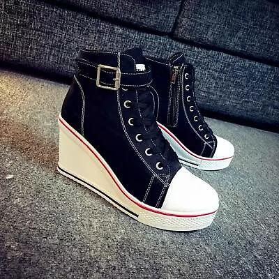 $37 • Buy Lady's High Top Wedge Heel Sneakers Women Pumps Lace Up Sport Canvas Shoes New