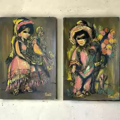 Pair MCM Vintage 16x24 Mexican Folk Art Paintings On Board Big Eyed Girl & Boy  • $200