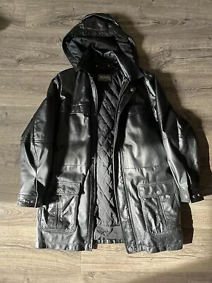 Wilsons Leather Jacket Black Belted Full Zip Front Pockets Detach Hood Snap Sz M • $99.95