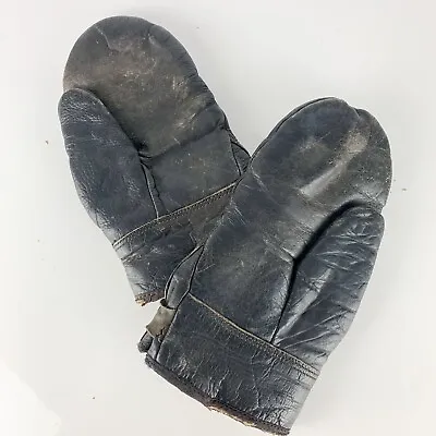 Vintage Motorcycle Military Mittens Gloves Leather Mens Black Lambskin Shearling • $37.83