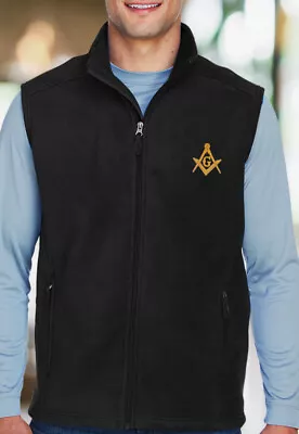 Gold Square & Compass Embroidered Masonic Men's Fleece Full-Zip Vest • $49.99