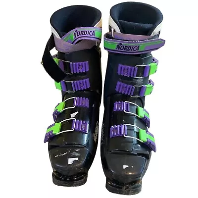 Vtg Nordica 581 Downhill Ski Boots Retro Blk Green Purple Mens 10.5 (28.5 Mondo) • $39.99