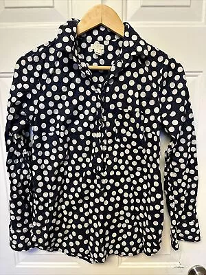 J Crew Shirt Womens XS Extra Small Blue White Polka Dot Long Sleeve Blouse Top • $11.99