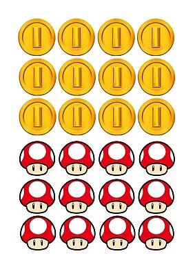Super Mario Bros Coins And Mushroom Cup Cake Toppers ICING • £3.25