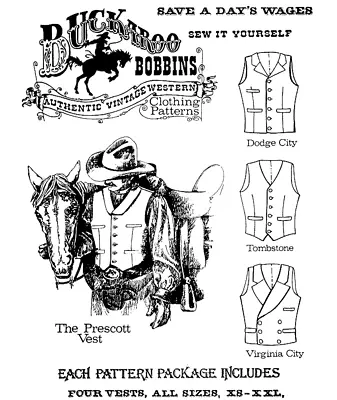 Buckaroo Bobbins Cowboy Western Vest Chest Sizes 34-58  4 Styles Sewing Pattern • $14.95