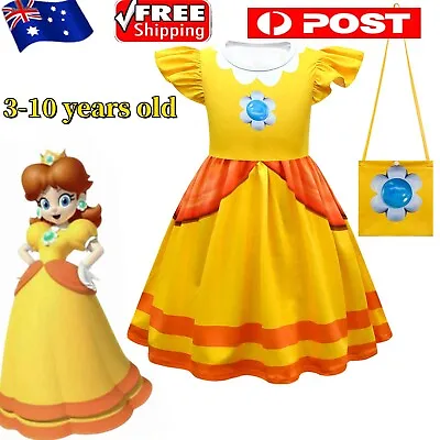 Girls Daisy Princess Super Mario Bros Cosplay Costume Dress Party Fancy + Bag • $32.89