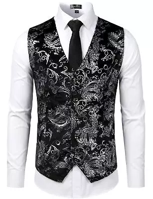 ZEROYAA Mens Hipster Silver Paisley Single Breasted Suit Dress Vest/Tuxedo Wa... • $47.37