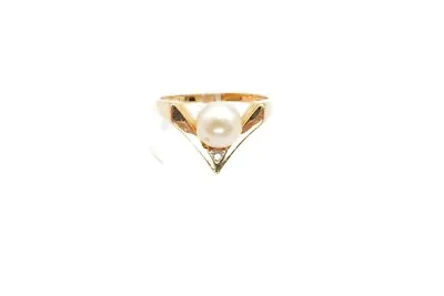 14k Yellow Gold Pearl Diamond Ring Size 7.75 V Shape • $224.99