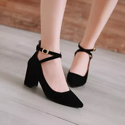 Classic Faux Suede Mary Jane Womens Block Heels Pointed Toe Cross Strap Shoes OL • $55.79