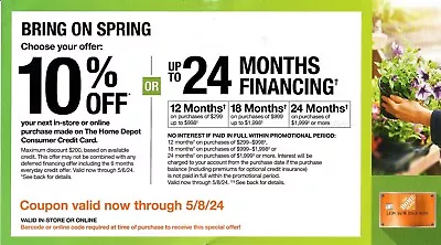 Home Depot 10% Off Or 24 Mo. Financing In-Store Or Online Exp. 5/8/24 • $27.99