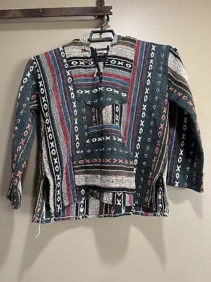 Baja Hoodie Hippie Surfer Mexican Poncho Sweater Drug Rug Size Small • $18