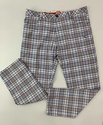 Puma Golf Pants Mens 36W 32L White Blue Orange Gray Plaid USP Dry Golf Pants • $28.99
