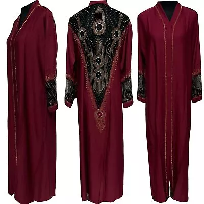 Burgundy Stone Works Abaya Jalabiya Arab Long Dress • £40