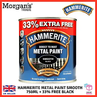 Hammerite - Smooth Direct To Rust Metal Paint - 750ML + 33% Extra Free - Black • £19.99