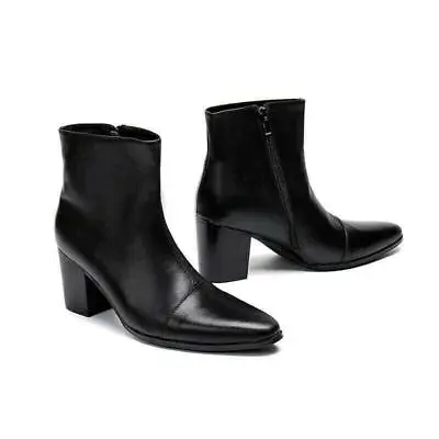 Men's Pointed Toe Cuban Heel Leather Chelsea Boots Ankle Boots Zip Shoes • $106.50